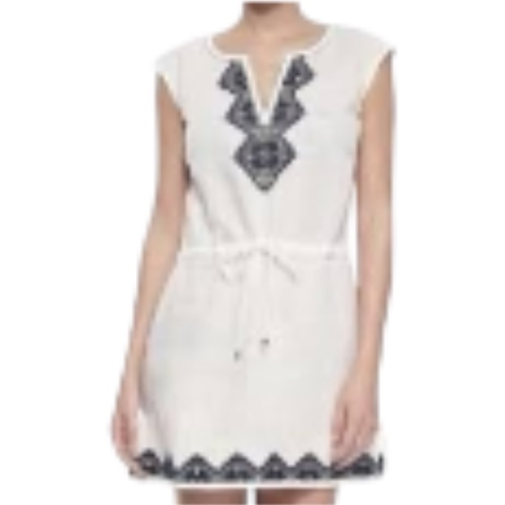 Tory Burch Cream Linen Tunic with Navy Embroidered Detailing - Women’s Size XS